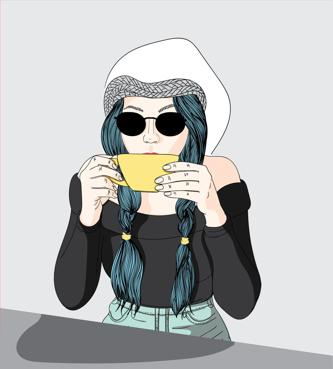 Cartoon girl drinking a mug of tea 