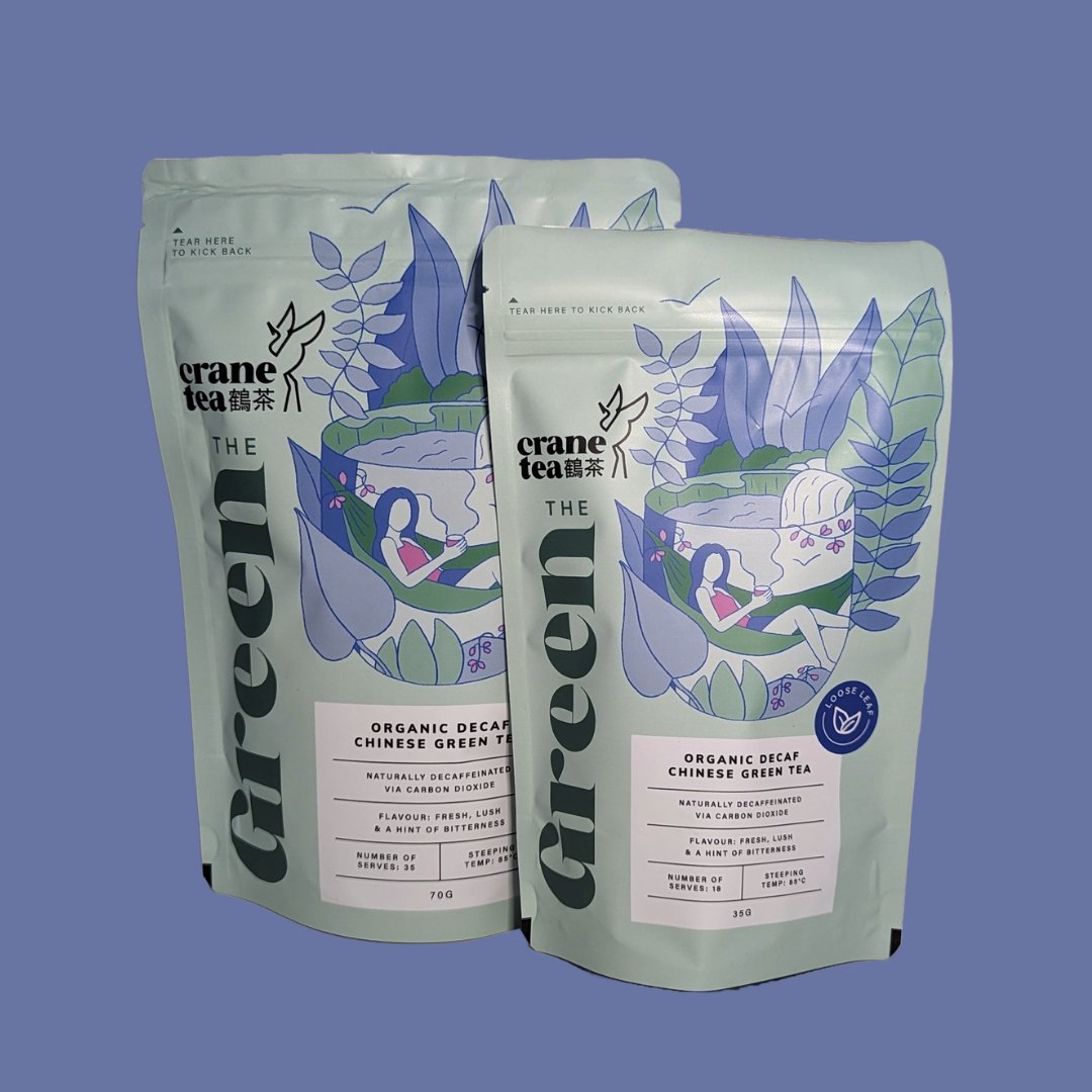 Crane Tea's decaf green tea products in a row