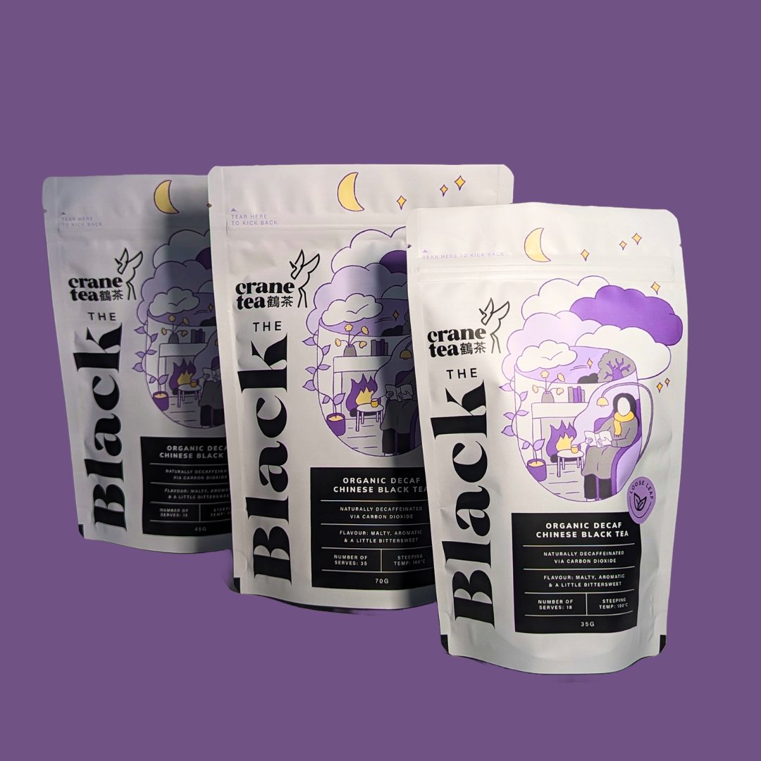 Crane Tea's decaf black tea products in a row